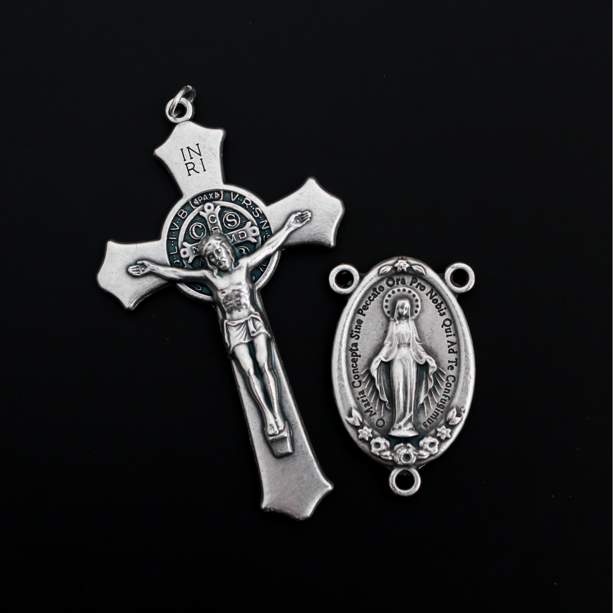 Extra Large Miraculous Medal Rosary Centerpiece with Ornate Flower Design - 43mm Long