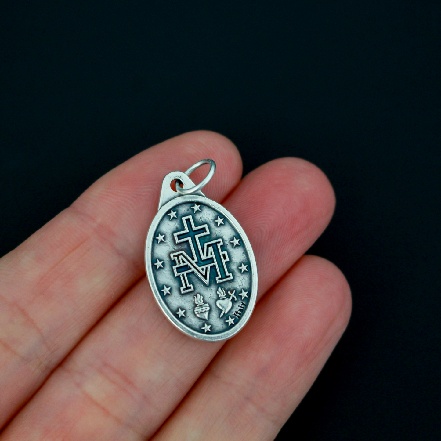 Traditional Miraculous Mary medal with blue enamel detail, one inch oval
