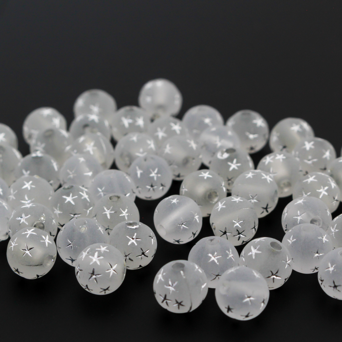7mm White Frosted Transparent Acrylic Beads with Silver Stars - Celestial Queen of Heaven Rosary Beads, 60pcs