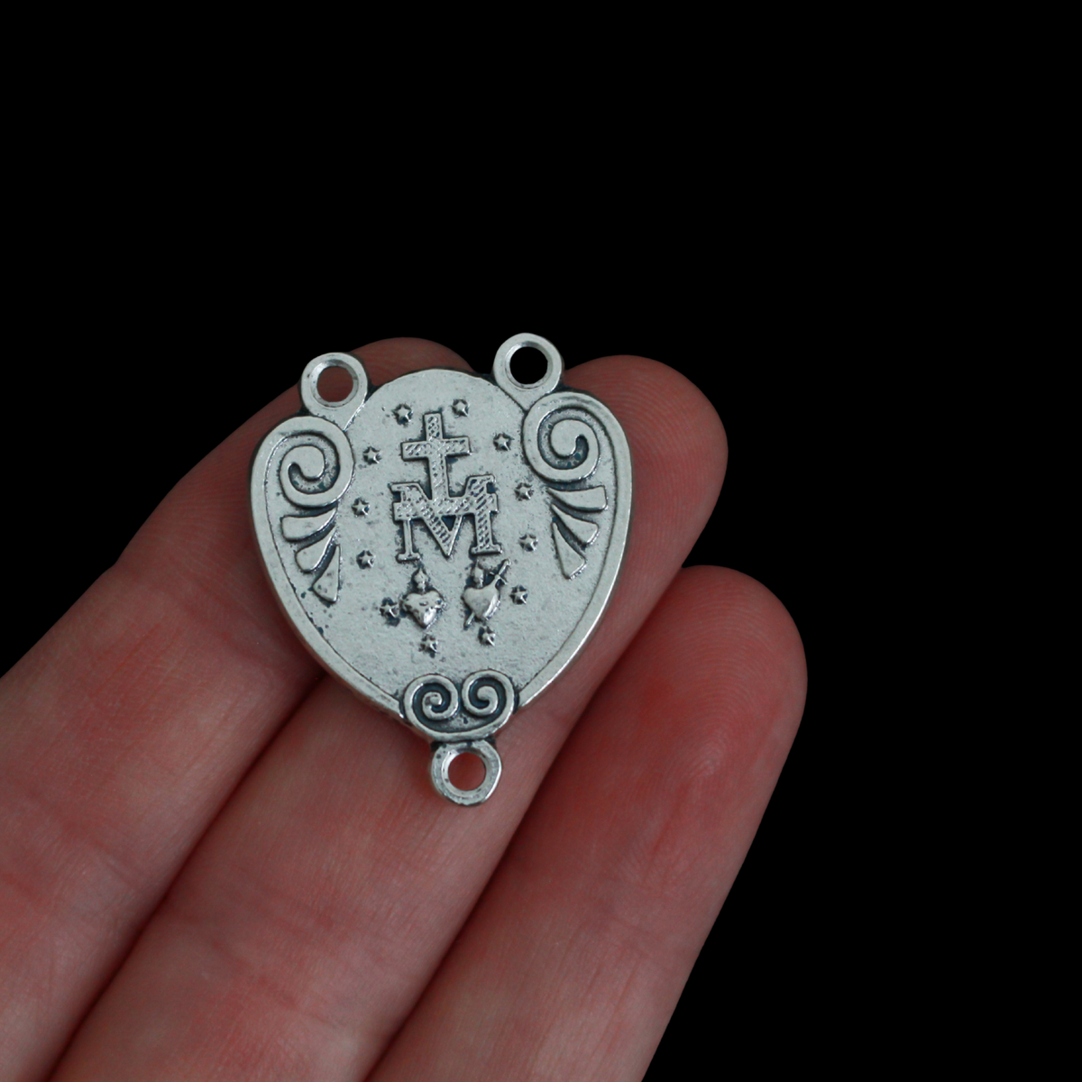 Silver Miraculous Medal Rosary Centerpiece that is Heart-Shaped with Ornate Scrollwork, English Inscription