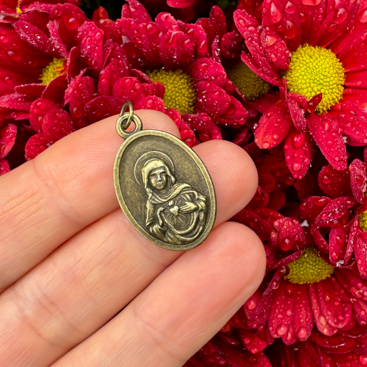 Immaculate Heart of Mary and Sacred Heart of Jesus Medal in Antiqued Bronze