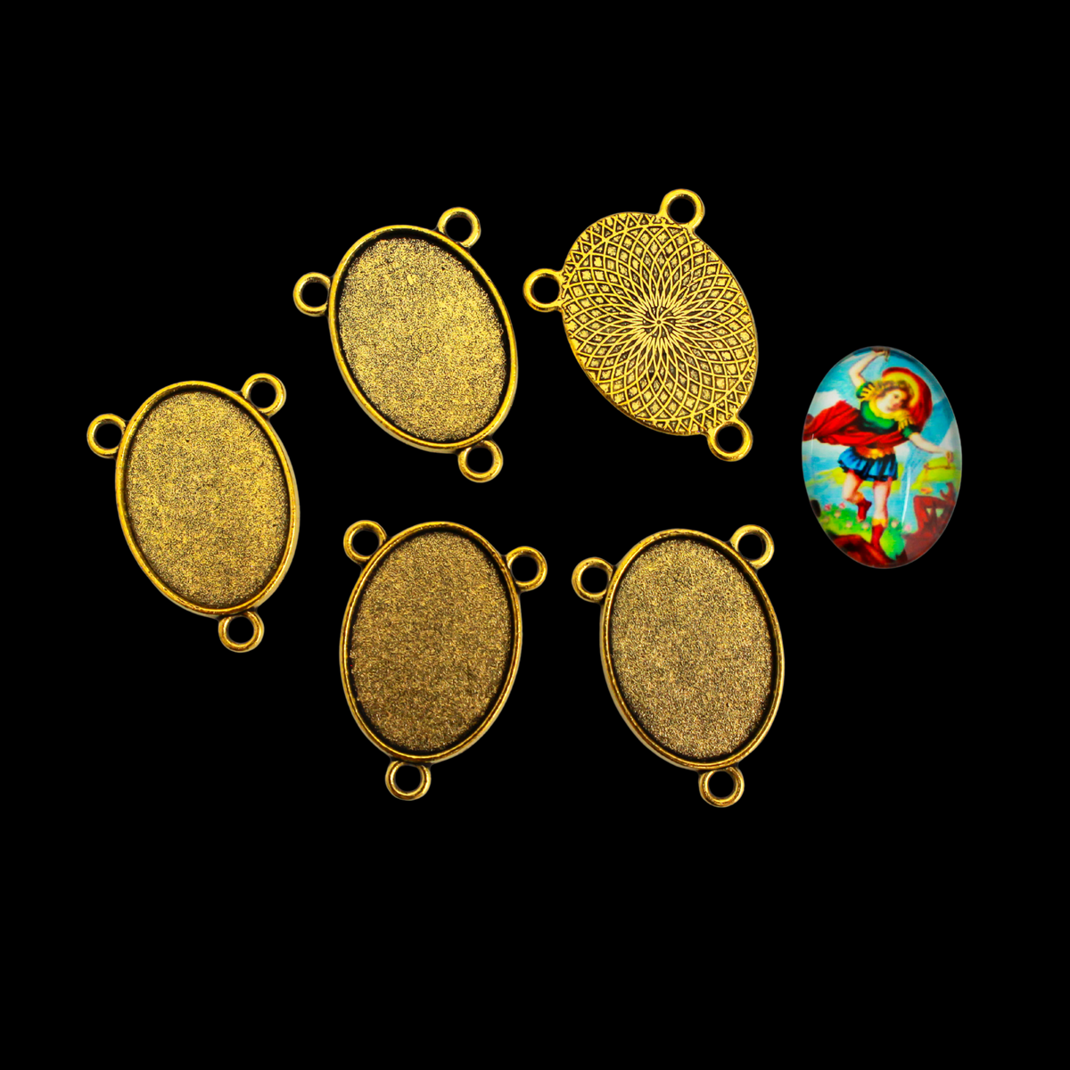 Antique Gold Rosary Centerpiece Bezel 25x18mm Tray - Oval Cabochon Connector Setting, 5pcs
