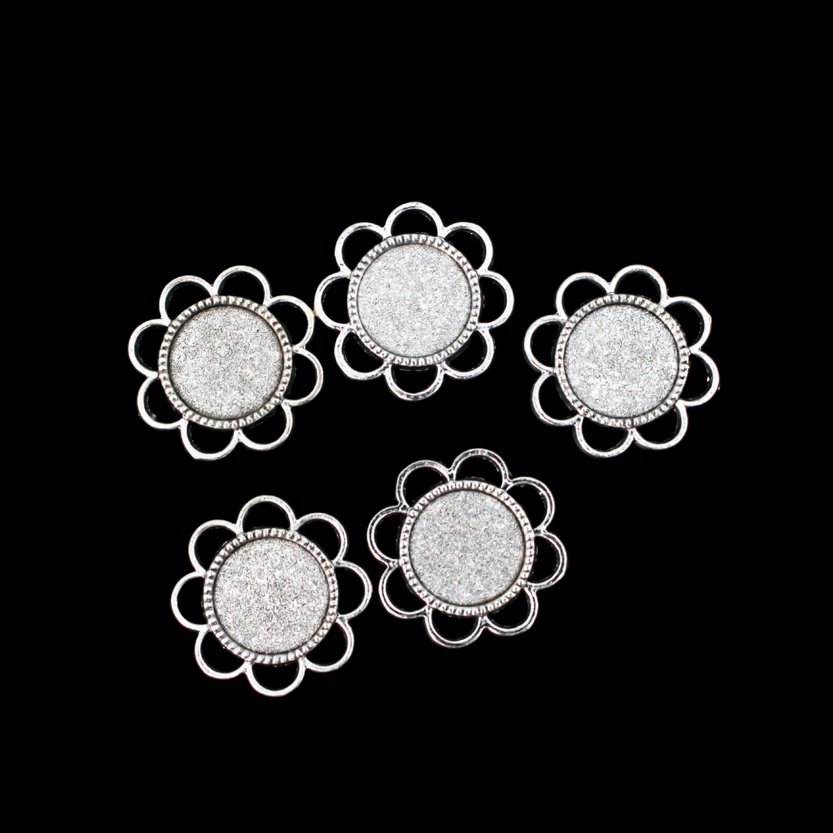 Antique Silver Flower Cabochon Settings, 5pcs - 14mm Bezel Tray with 8 Connector Loops for DIY Rosaries & Jewelry