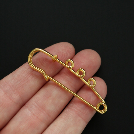 18k Gold Plated Safety Pin Brooch with Three Loops for Adding Charms or Medals