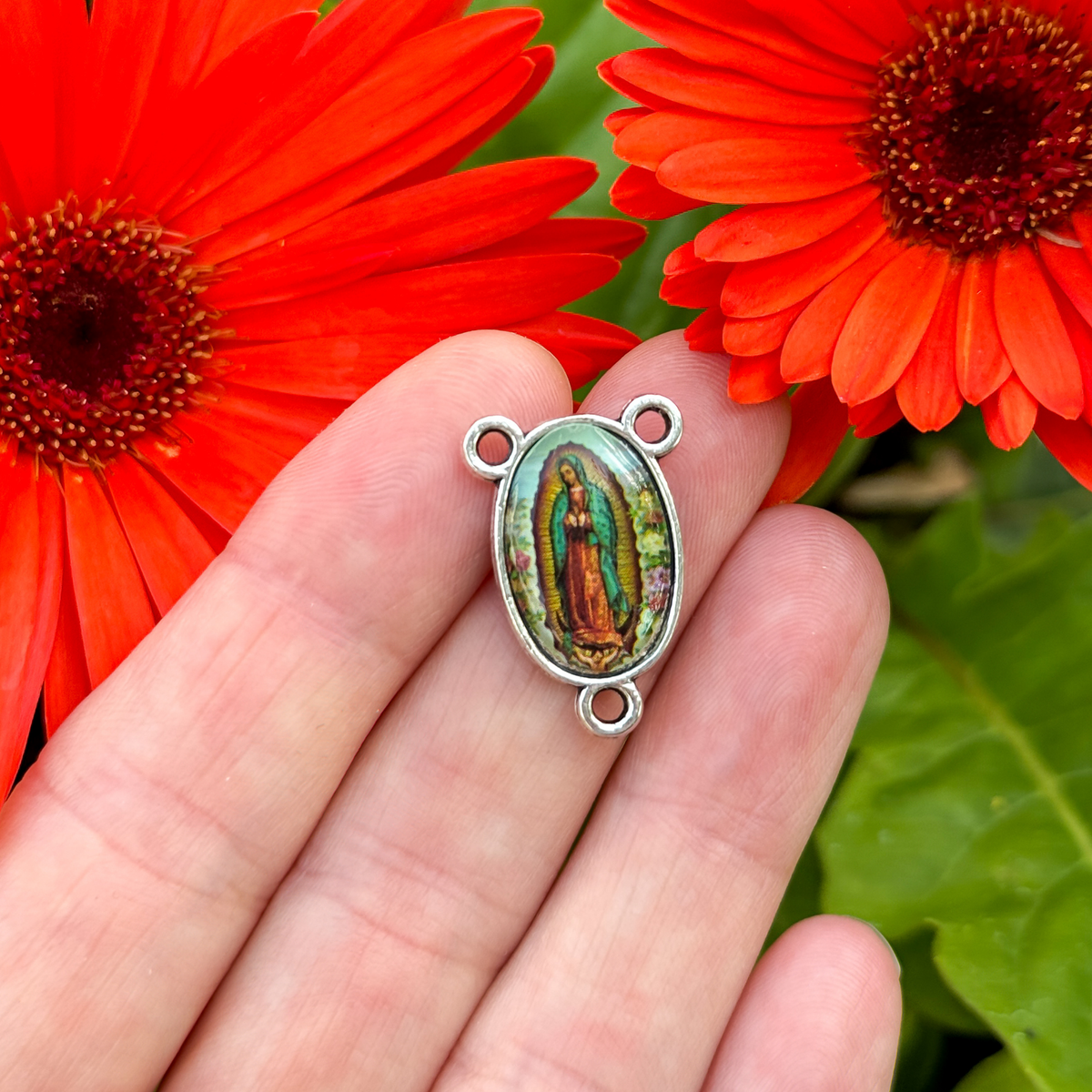 Our Lady of Guadalupe Rosary Centerpiece with a Color Image on Both Sides - 7/8" Long