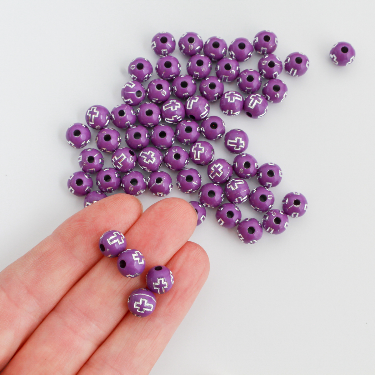 8mm Purple Beads with Silver Crosses - Prayer Beads for Five Decade Rosary - 60pcs