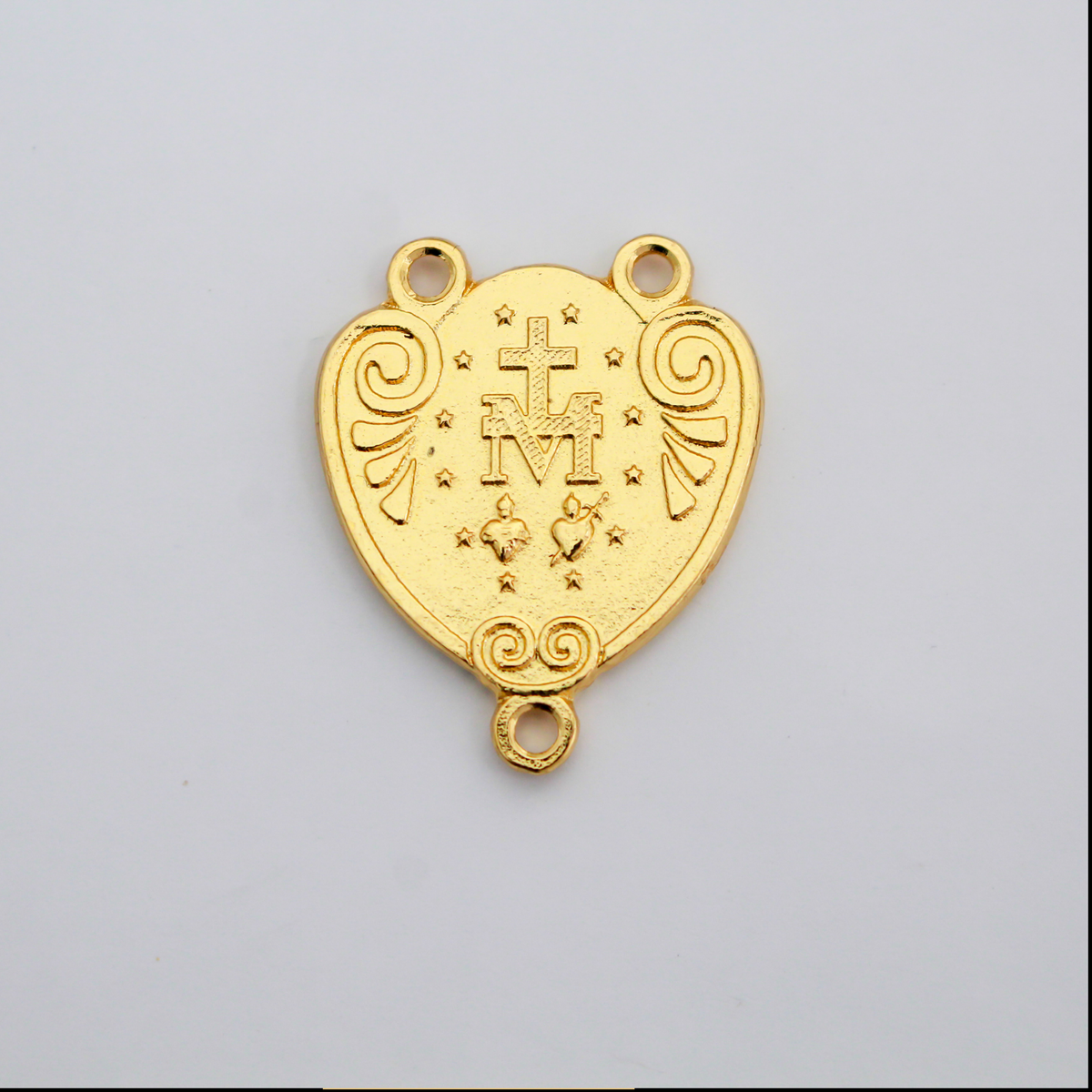 Gold Miraculous Medal Rosary Centerpiece that is Heart-Shaped with Ornate Scrollwork, English Inscription