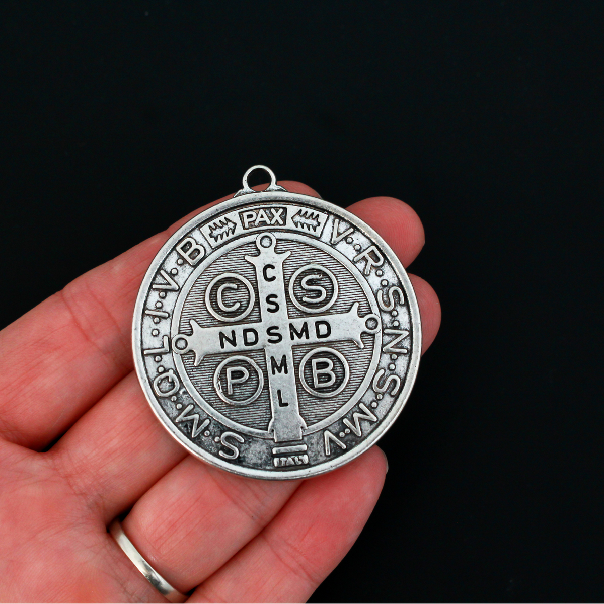 Large Round St. Benedict Medal 2" long - Available in Antique Silver and Antique Gold