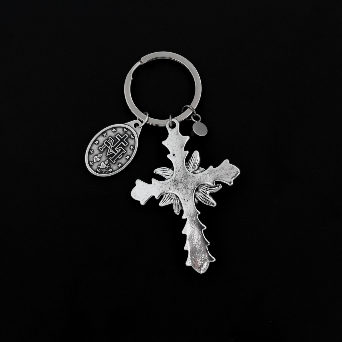 Blue Miraculous Medal Keyring with Large Cross Charm with Rose Detail