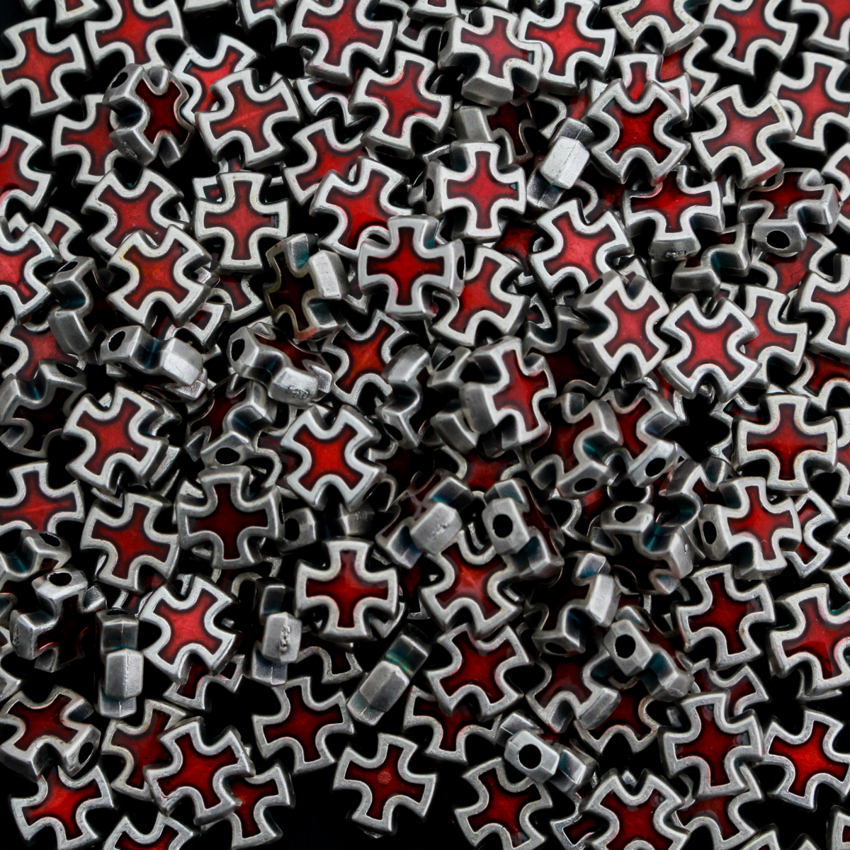 Cross Shaped Metal Spacer Beads with Red Enamel Accent, 8mmx8mm, 6pcs