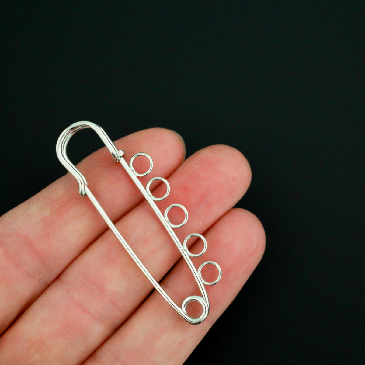 Silver Safety Pin Brooch with Five Loops for Adding Charms or Medals