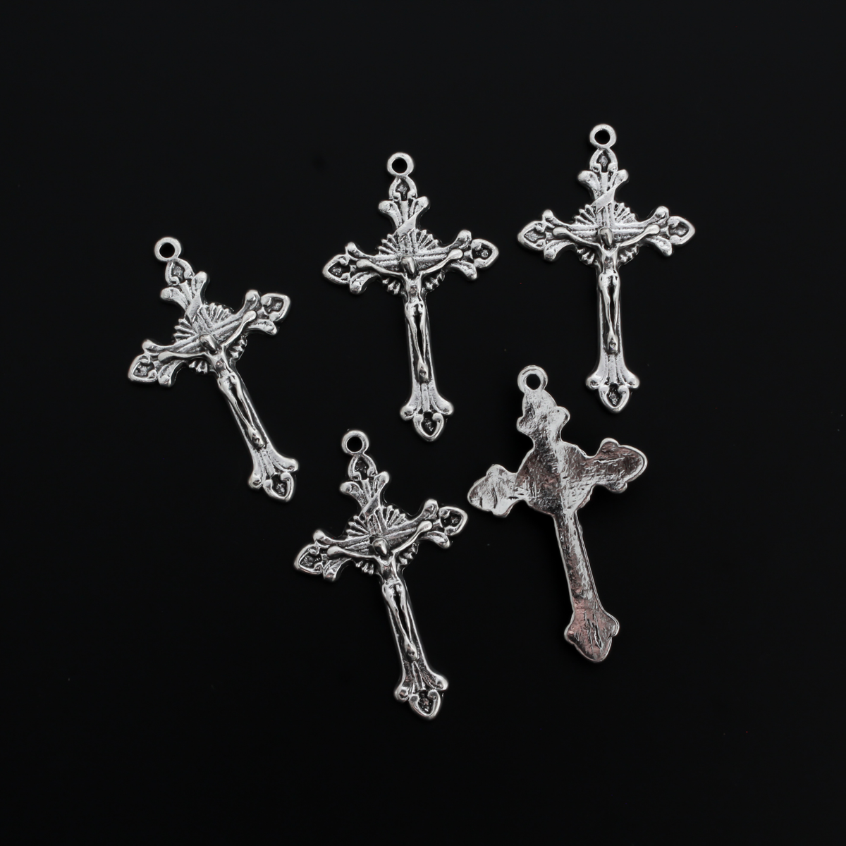Silver Starburst Nimbus Crucifix Cross with Fleur de Lis Ends 1-5/8" Long, 5pcs