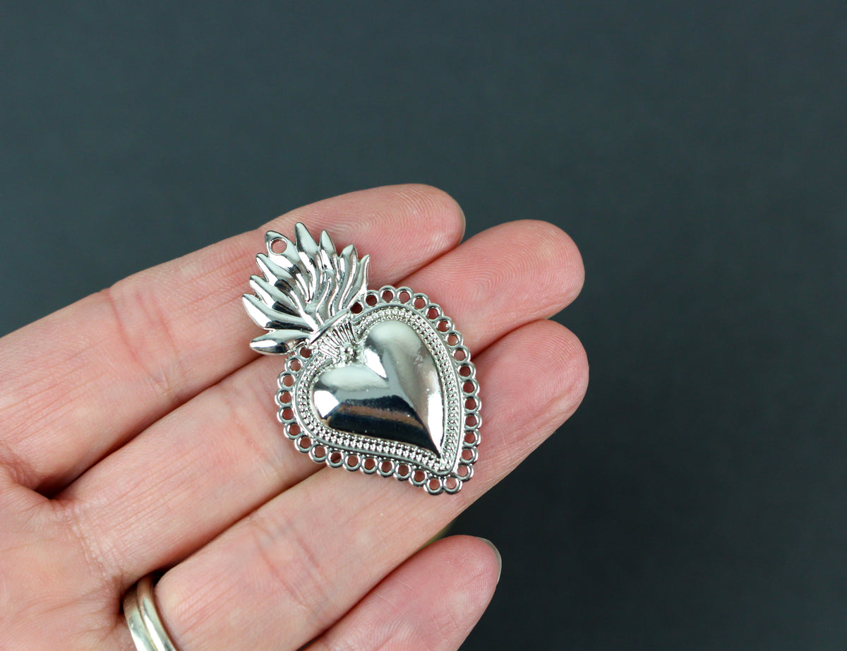 Sacred Heart Mexican Milagro Flaming Holy Heart Pendant - Shiny Silver Color