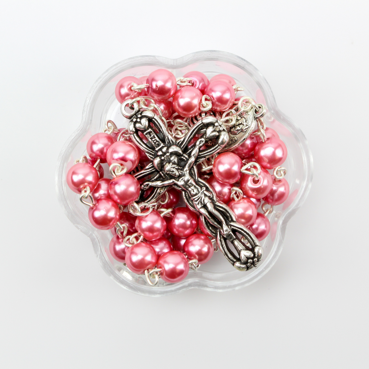 Our Lady of Fatima Rosary with 6mm Pink Glass Beads and Relic Center - 18" long