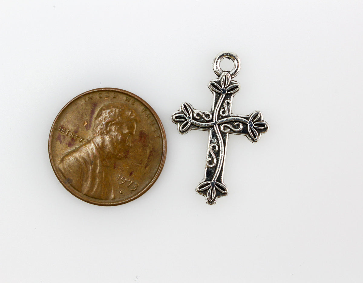 Religious Cross Charms with Vine Leaf Pattern - Silver Tone 25pcs