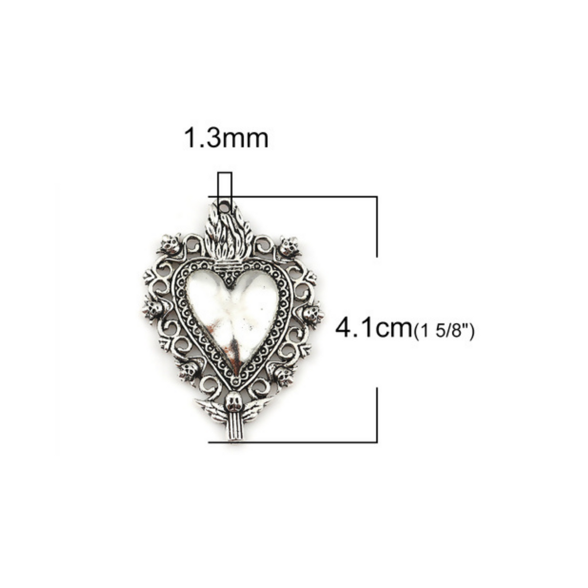 Unique Sacred Heart Milagro style pendant with skulls around the border a winged angel at the bottom.