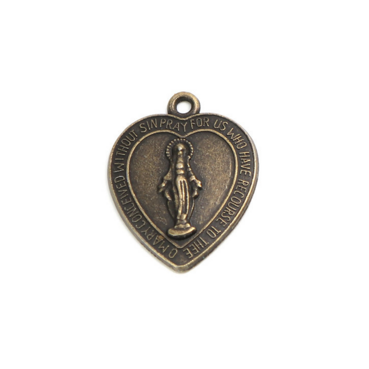 Heart Shaped Miraculous Mary Medal Charms - Antiqued Bronze Color 5pcs