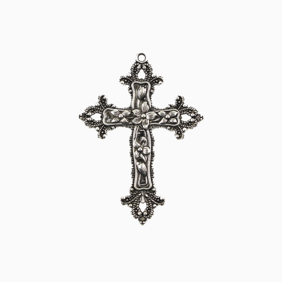 Large Ornate Floral Cross Pendant Victorian Style with Lilies and Fleur de Lis Design - 73mm long