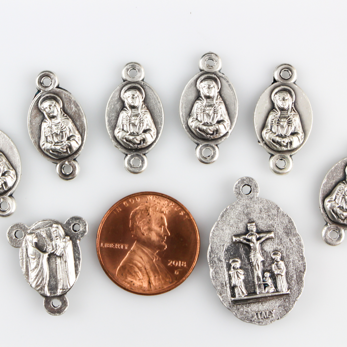 Seven Sorrows of Mary Devotional Rosary Parts Set - Medals and Centerpiece DIY Kit - 8 pieces total