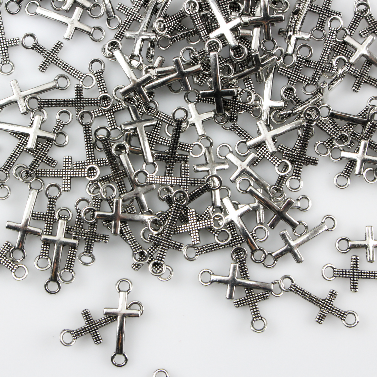 Silver Tone Curved Cross Connector Links for Bracelets, Rosaries, Chaplets - 25pcs