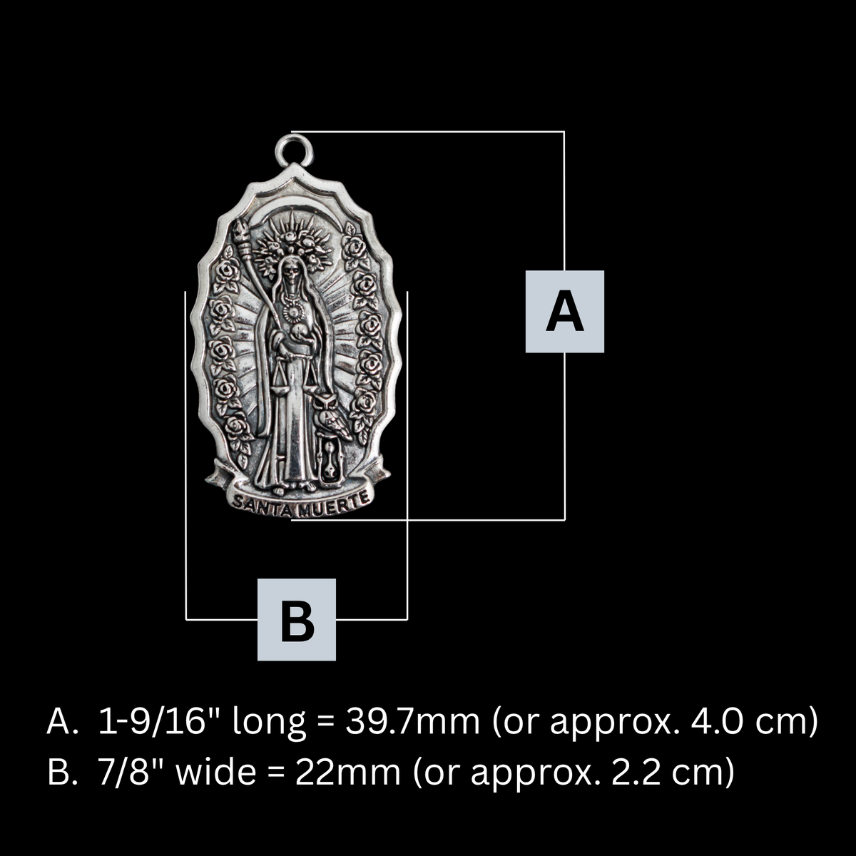 Santa Muerte Medal 1-9/16" Long - Symbol of Protection, Safe Passage, and Non-Judgmental Acceptance