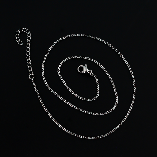 Stainless steel link cable chain necklace that features a lobster claw clasp for easy opening, 16 inches long
