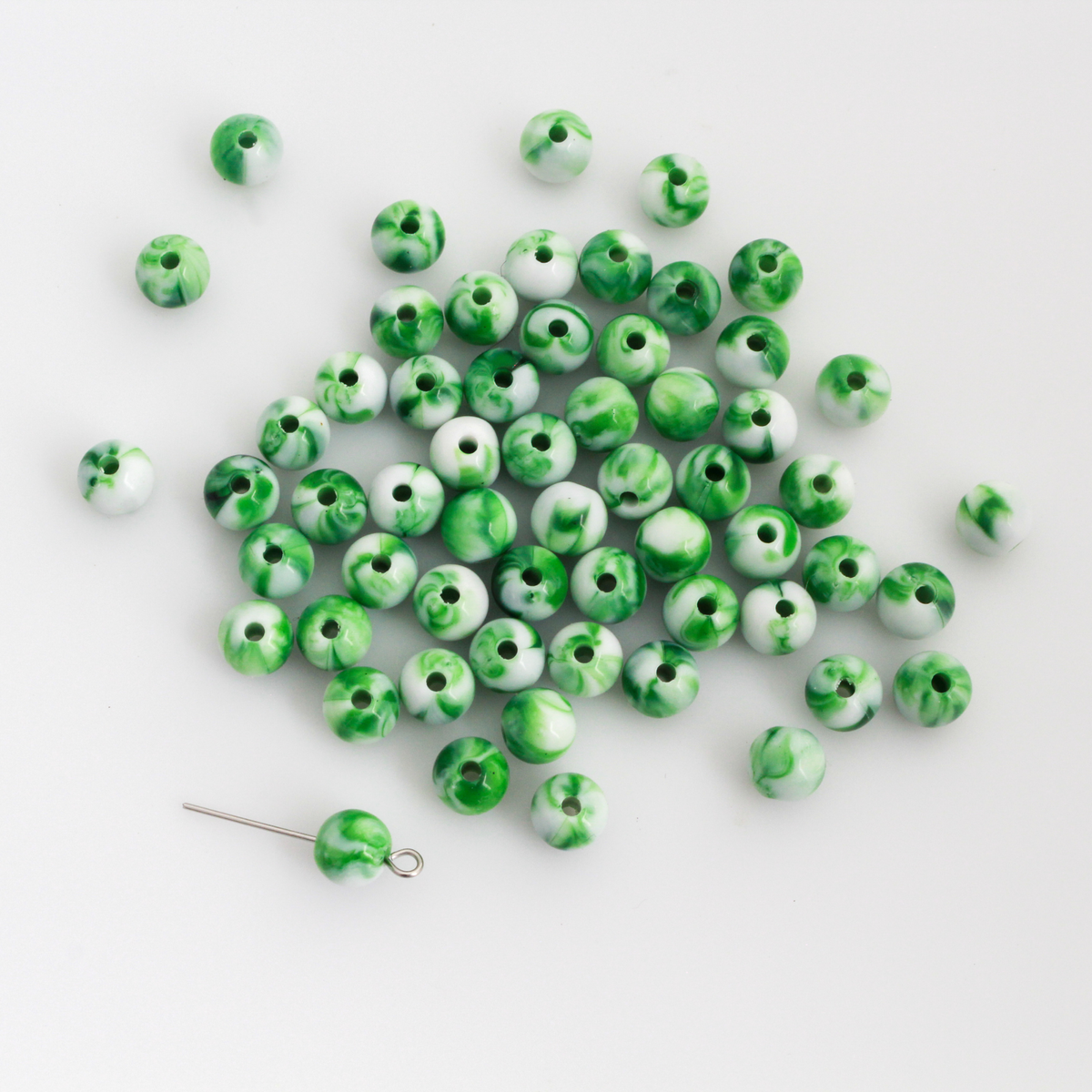 8mm Green and White Marbled Beads - Round Opaque Acrylic 60pcs