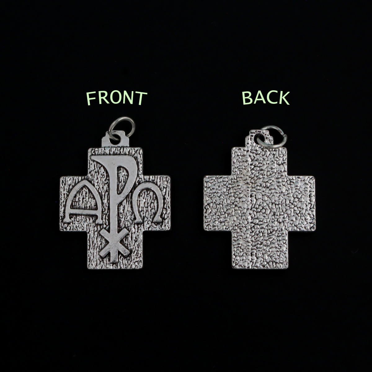 Alpha Omega Chi-rho cross charms that feature the symbols for alpha, omega, and Christ on the front. The backside is textured.
