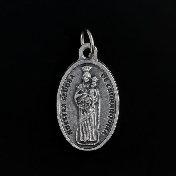 Our Lady of Chiquinquirá medal that depicts Our Lady on the front and is marked "Pray For Us" on the back