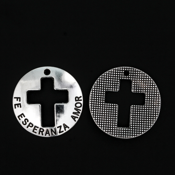 Fe Esperanza Amor Charms - Spanish Faith, Hope, Love 22mm Round Pendant, 10pcs