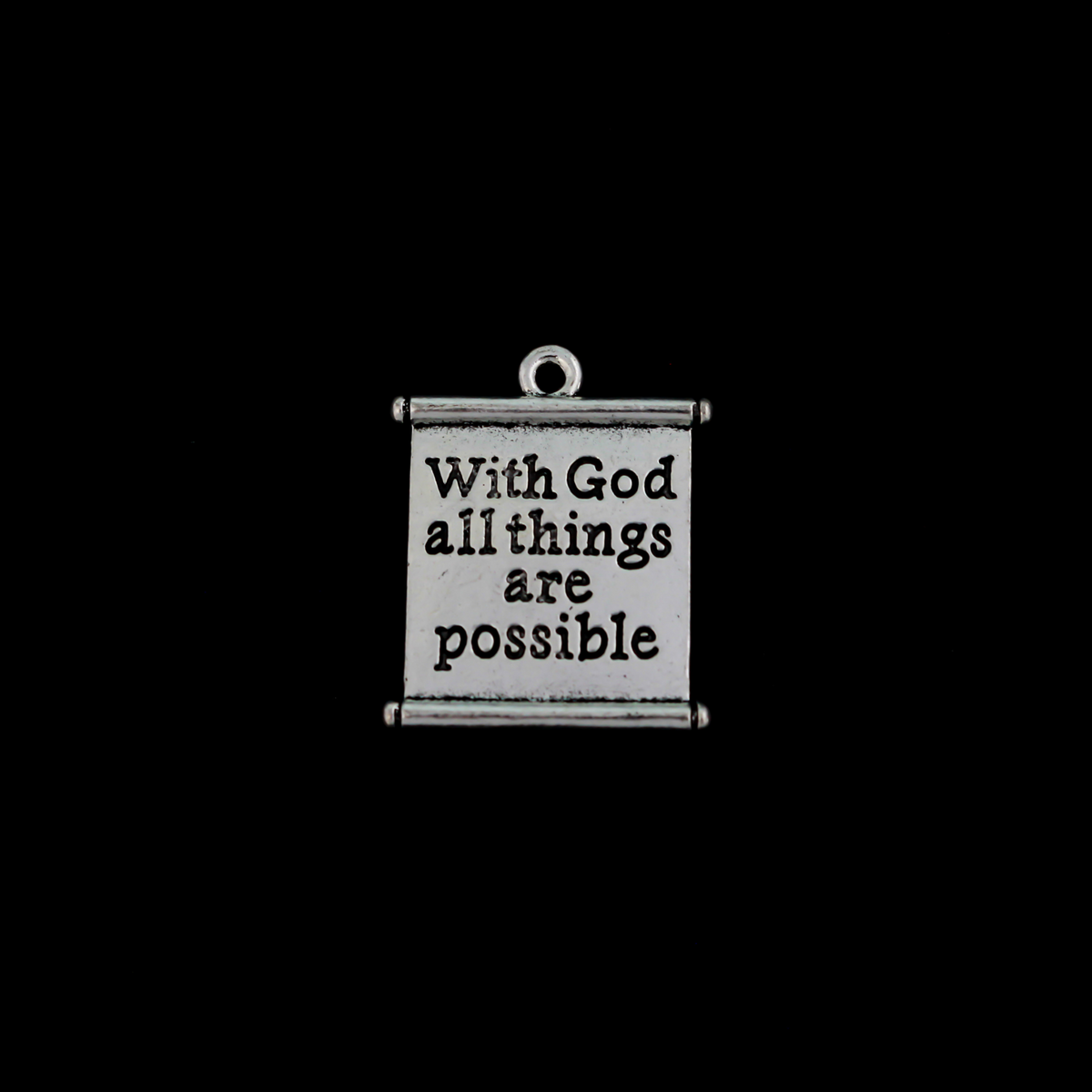 Matthew 19:26 Bible quote charms “With God all things are possible”. The charms are scroll shaped, the backside is blank.