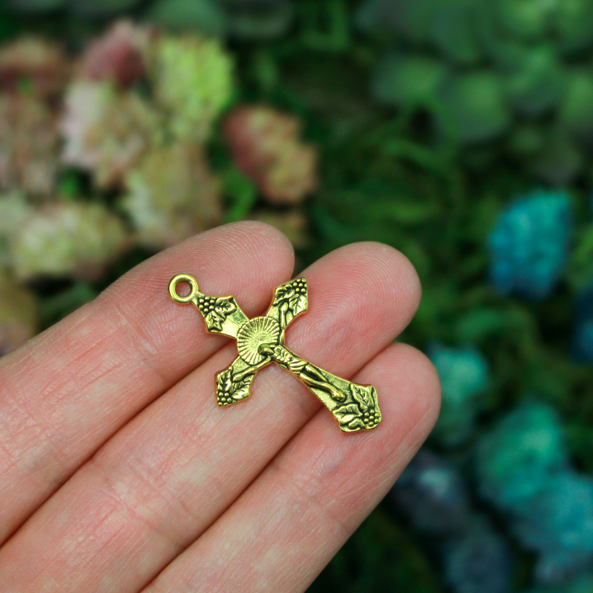 Antique Gold Crucifix Crosses with Grapes and Leaves Detailing, 32mm Long - 10pcs