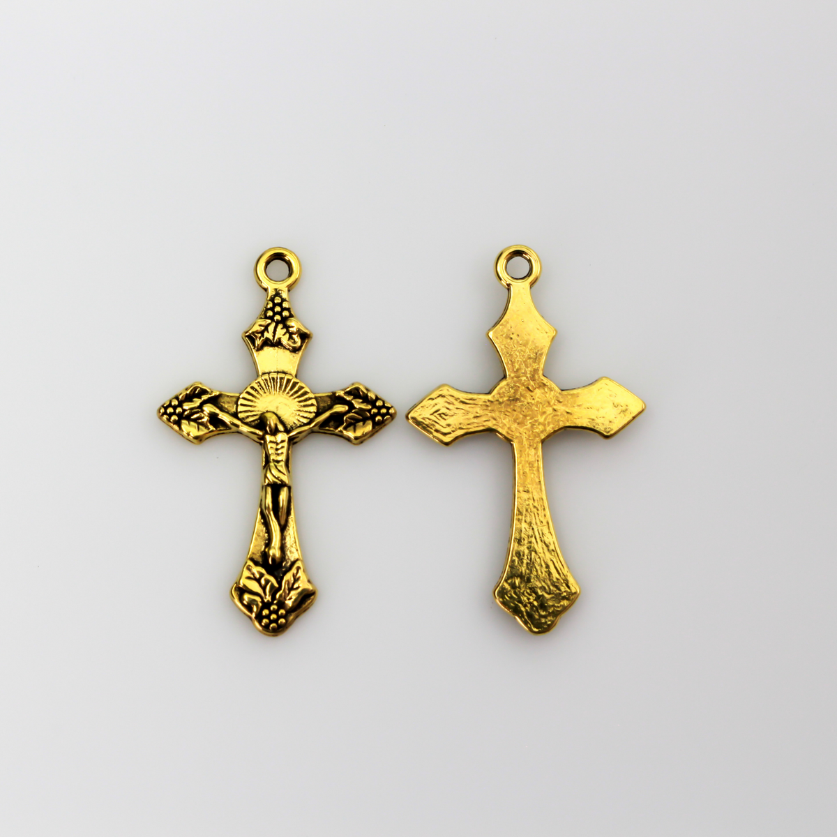 Antique Gold Crucifix Crosses with Grapes and Leaves Detailing, 32mm Long - 10pcs