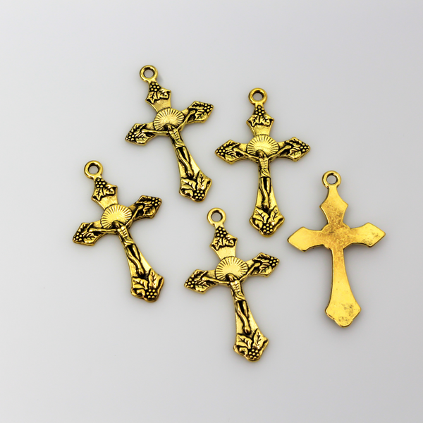 Gold Crucifix Crosses with Grapes and Leaves Detailing, 32mm Long - 10pcs