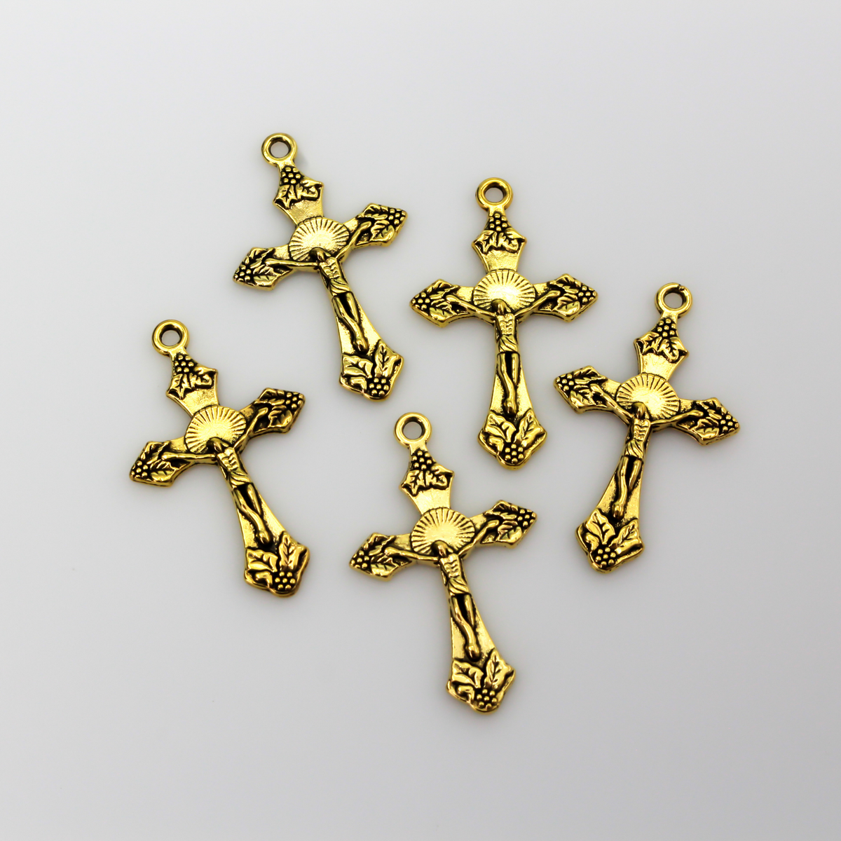 Antique Gold Crucifix Crosses with Grapes and Leaves Detailing, 32mm Long - 10pcs