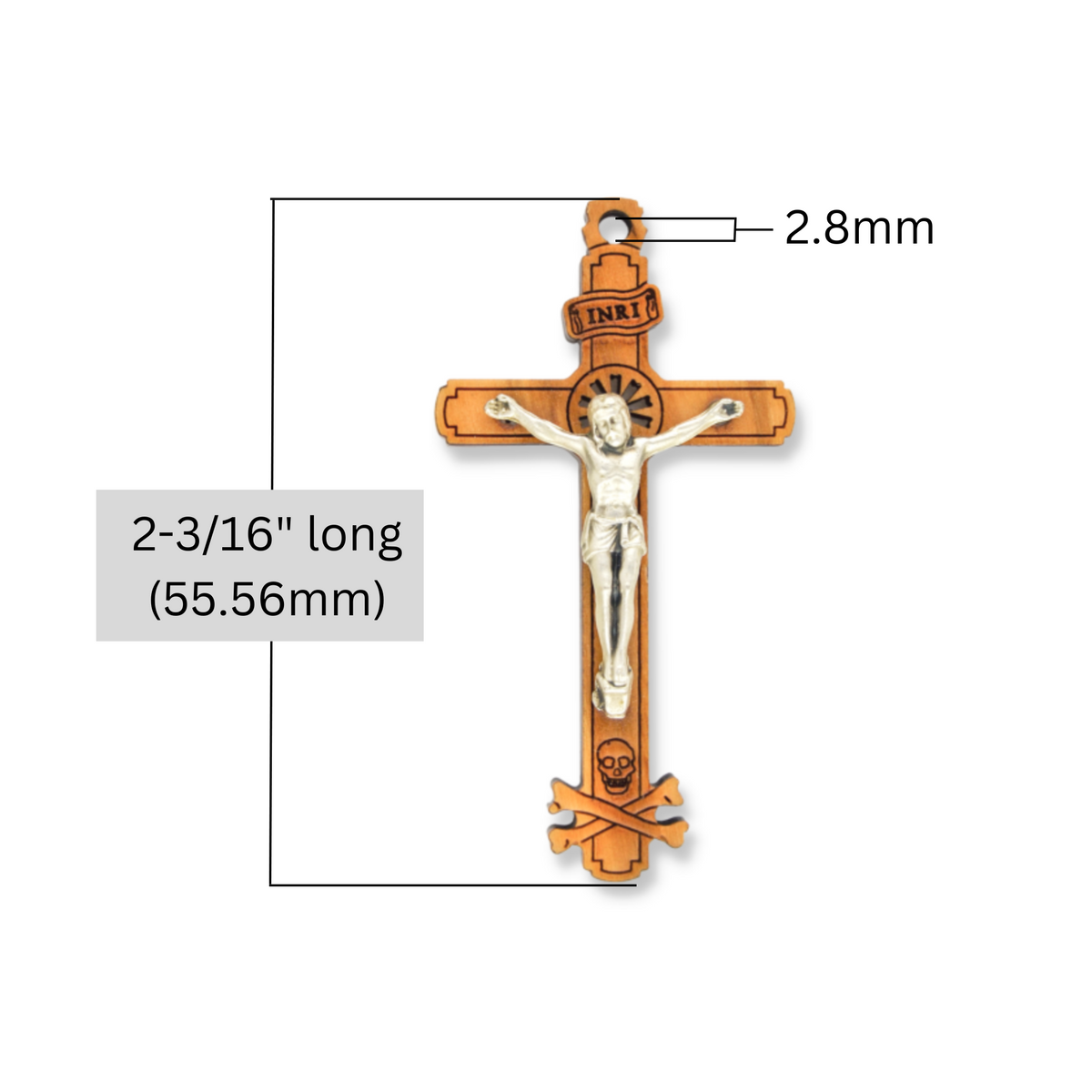 The cross is made of genuine olive wood and the body of Christ is a zamac base alloy with genuine oxidized silver-plating. There is a cutout starburst design behind the head of Jesus and the Golgotha skull at the base of the cross.