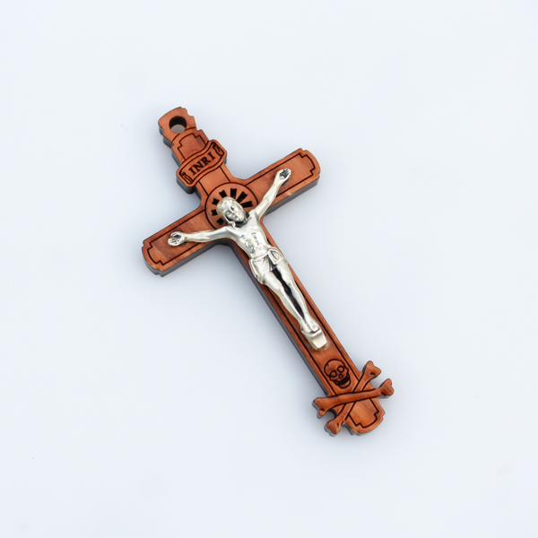The cross is made of genuine olive wood and the body of Christ is a zamac base alloy with genuine oxidized silver-plating. There is a cutout starburst design behind the head of Jesus and the Golgotha skull at the base of the cross.