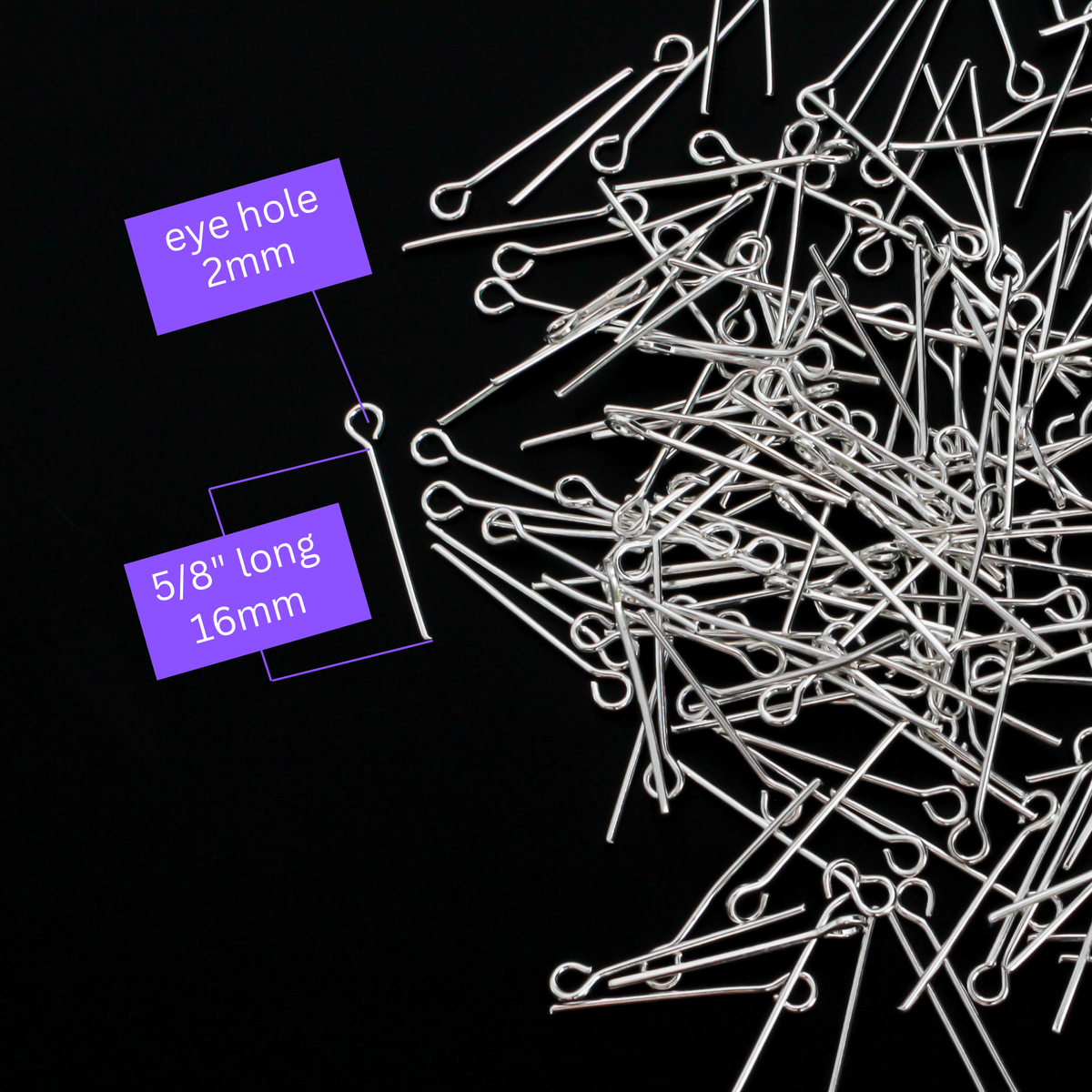 Silver Plate Eye Pins - Heavy Duty 16mm long x 0.7mm (21 gauge) 500pcs