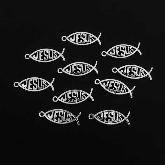 27mm long silver-tone Fish-shaped charm with Jesus spelled out in the center
