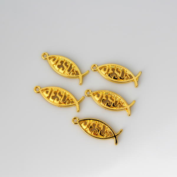 27mm long gold-tone Fish-shaped charm with Jesus spelled out in the center