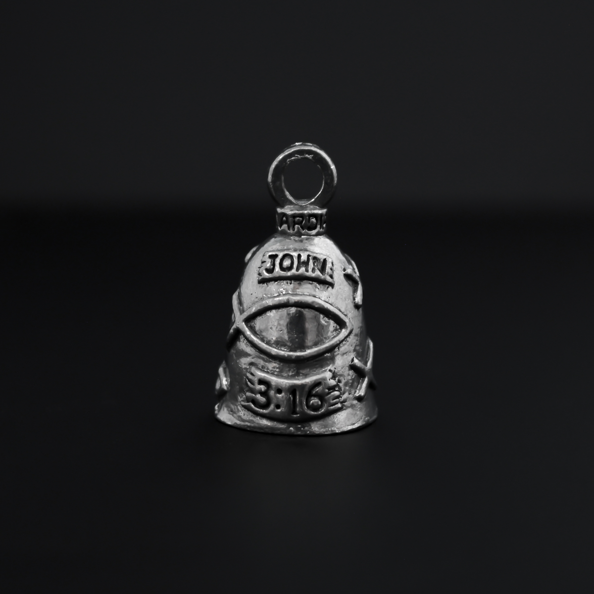John 3:16 Guardian bell that is marked "John 3:16" and is surrounded by fish symbols also known as the Ichthys, a symbol for Jesus.