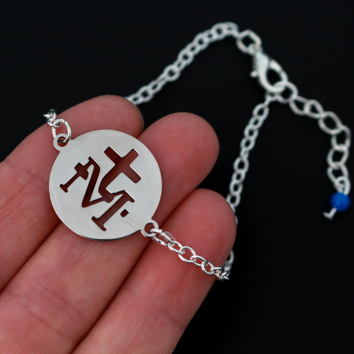 Miraculous Medal Bracelet with Cut-out Design - Stainless Steel 7-1/2" Long plus an Extender Chain