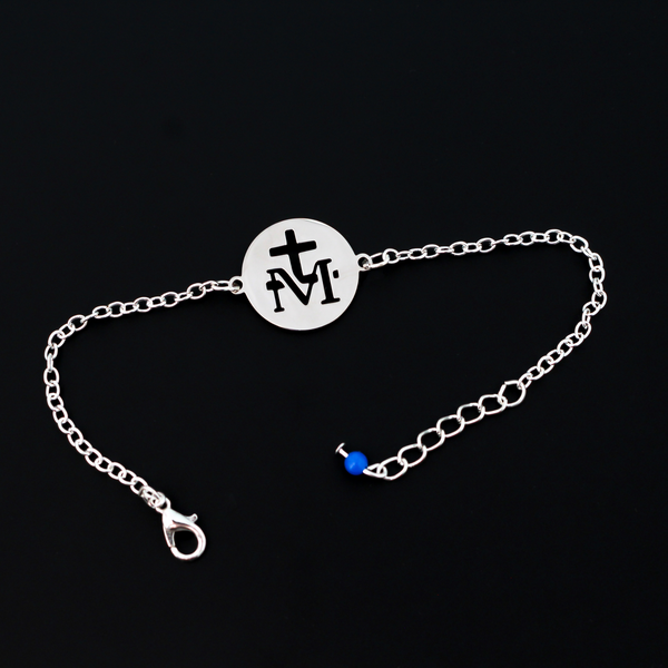 Miraculous Medal Bracelet with Cut-out Design - Stainless Steel 7-1/2" Long plus an Extender Chain