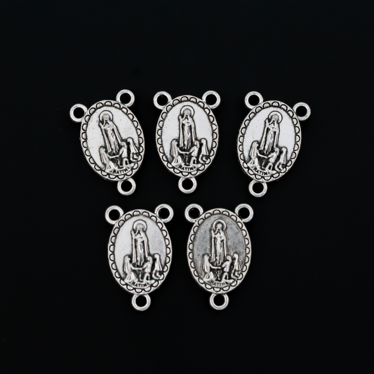 Our Lady of Fatima rosary centerpiece with Mary, Queen of Heaven on the backside