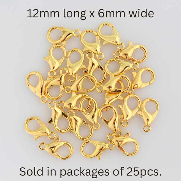 Gold lobster claw findings, 12mm long by 6mm wide