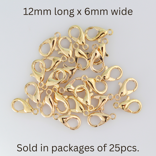 Light gold lobster claw findings, 12mm long by 6mm wide