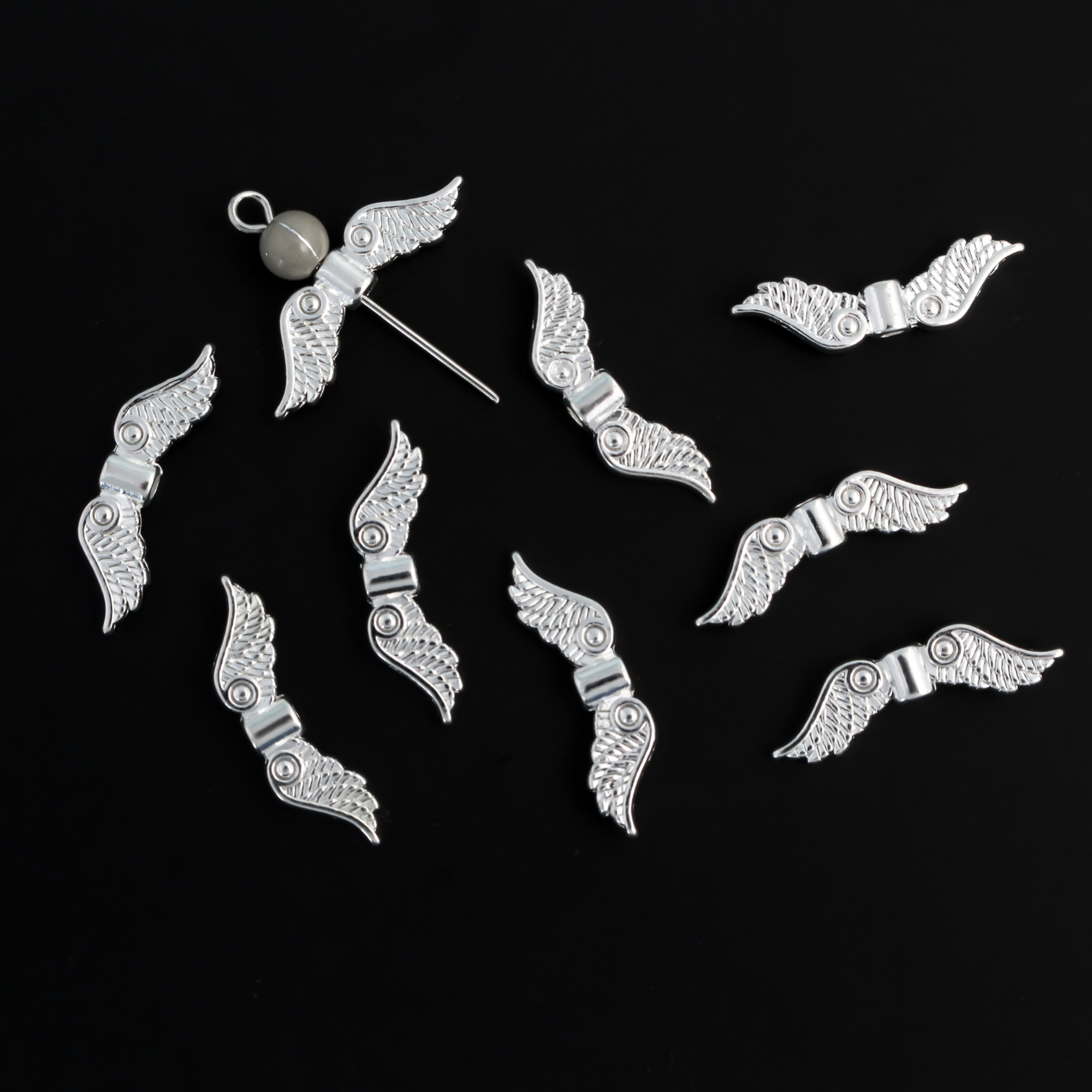 Angel Wing Spacer Beads - Guardian Angel Wing Charms in Platinum Silver, 30pcs