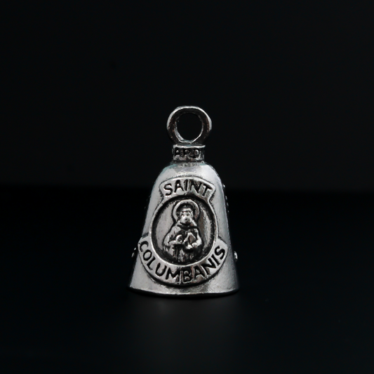 Saint Columbanus Guardian bell that depicts the saint on the front and is marked "Patron Saint of Motorcyclists" on the back.