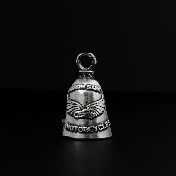 Saint Columbanus Guardian bell that depicts the saint on the front and is marked "Patron Saint of Motorcyclists" on the back.