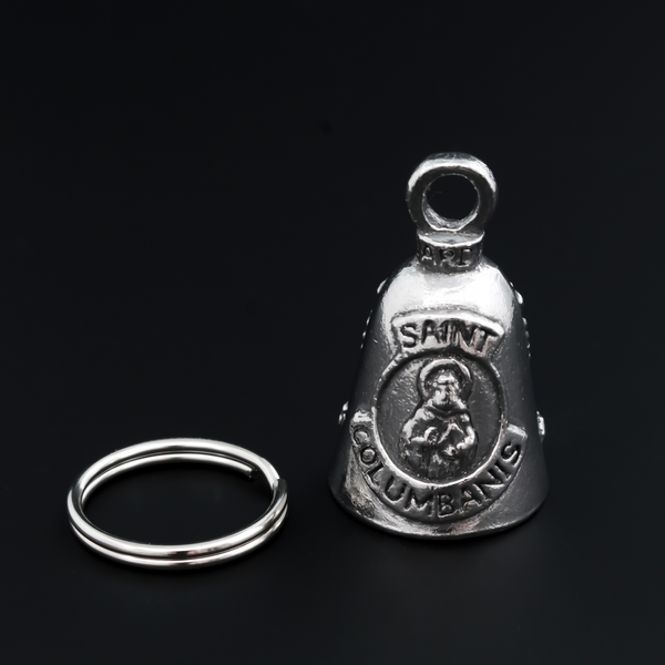 Saint Columbanus Guardian bell that depicts the saint on the front and is marked "Patron Saint of Motorcyclists" on the back.
